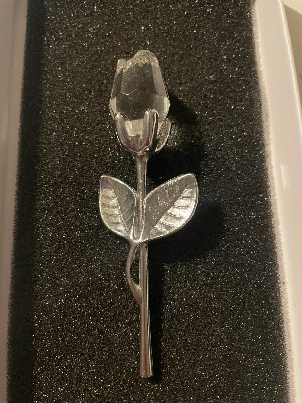 Silver Tone Rose with Faceted Clear Bud